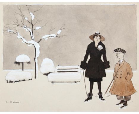 Kirchner, Eugen: (1854 Halle - München 1938). Eine Frau im Pelzmantel u. eine kleiner Mann mit Mütze stehen in einer Winterla