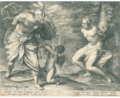 Galle, Cornelius I: (1576 Antwerpen 1650). Venus, Mars und Minerva. Kupferstich nach A. Carracci bei R. Sadeler um 1630. Plgr