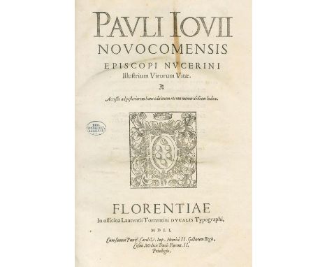 Giovio,P.: Illustrium virorum vitae. Florenz, Laurentius Torrentino 1551. Fol. Mit Holzschn.-Tvign. 425 (recte 427) S., 14 nn