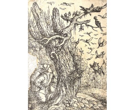 Umbach, Jonas: (1624 Augsburg 1693). Landschaft mit Vogelschar u. Baumstumpf. Radierung, Mitte 17. Jh., ca. 10 x 7,5 cm. Unte