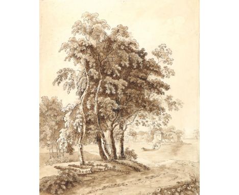 Unbekannter Zeichner: (18./19. Jh.). Flusslandschaft mit Bäumen, kleinem Tempelchen u. Mann in einem Boot. Mit Sepia lav. Tus