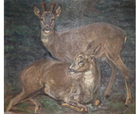 Fikentscher, Otto: (1862 Zwickau - Baden-Baden 1945). 3 Öl auf Lwd. Zwei signiert. Eines gerahmt.  ╔Junger Rehbock u. liegend