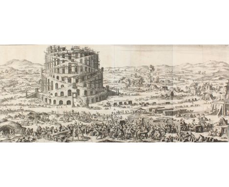 Luyken, Jan: (1649 Amsterdam 1712). Der Turmbau zu Babel ("De toren van babel"). Kupferstich, um 1690, von 2 Platten gedruckt