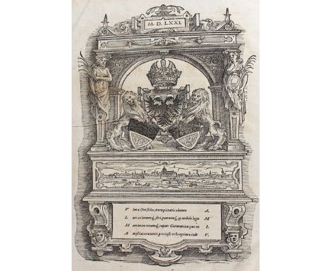 Rabus,L.: Historien der Märtyrer. 2 Bde. Strassburg, J. Rihel 1571-72. Fol. Mit wdh. Holzschn.-Titelbordüre, wdh. Holzschnitt