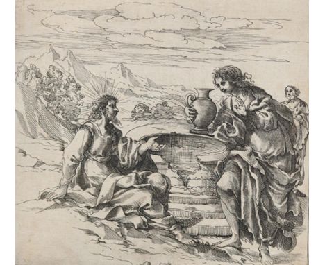 Christus: und die Samariterin am beschädigten Brunnen. Anonyme Radierung auf Bütten mit WZ-Frag, 17. Jhdt. Blgr. 17 x 18,3 cm