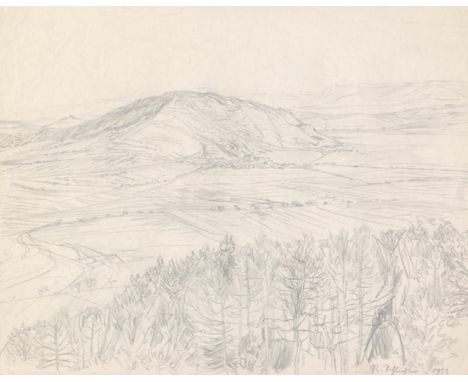 Schlichter, Rudolf (Pseud. Udor Rétyl,: 1890 Calw - München 1955). Landschaft, Blick von einerm Berg über ein Tal mit Feldern