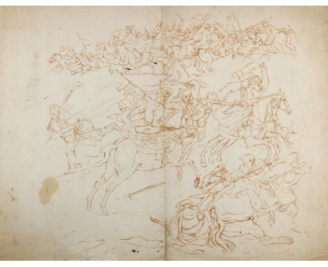 Rugendas, zugeschrieben.: Angreifendes, türkisches Heer. Rötel auf Bütten, 18. Jh. Blgr. 43 x 53 cm. Mittelfalz. Verso mit Bl