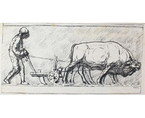 Gaul, August: (1869 Großauheim - Berlin 1921). Pflügender Bauer. Lithographie auf Bütten. Ca. 11 x 22,5 cm. Mit dem Namen im 