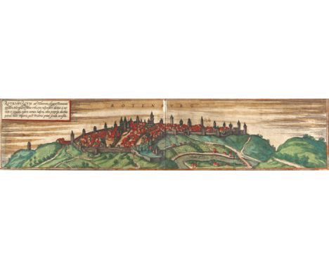 Rothenburg o.d. Tauber: "Rotenburg". Gesamtansicht. Altkol. Radierung aus Braun-Hogenberg, um 1580. 10 x 46,5 cm. Verso lat. 