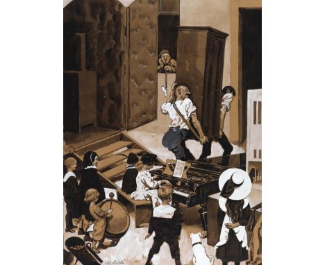 Loukota, Josef: (1879 Hranice - Prag 1967). Vor einem geöffneten Möbelauto spielt ein Mädchen Klavier, beobachtet von weitere