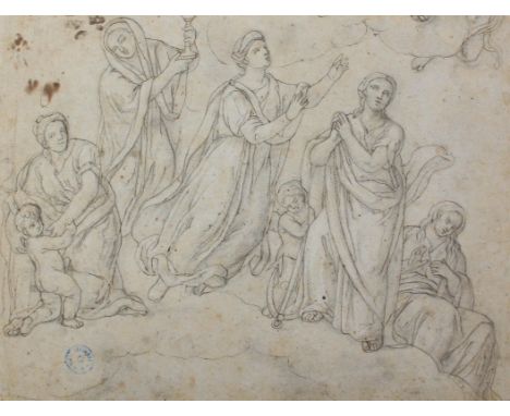 Anonym.: (18./19. Jh.). Personengruppe mit Putto. Federtuschzeichnung. Ca. 27 x 36 cm. Verso mit Sammlerstempel "Sammlung Jos