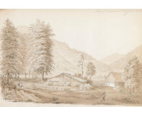 Vogesen.: Lac de Retournemer. Mittelgebirgslandschaft mit Bauernhaus u. Personenstaffage. Anonyme lavierte Sepiazeichnung, da