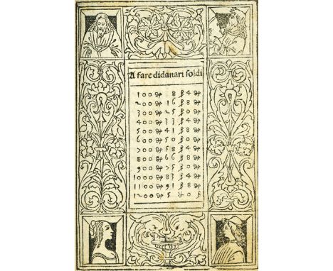 Calandri,P.: Arithmetica. Firenze, Lorenzo Morgiani e Giovanni Petri da Magonza 1491. 8°. Mit 2 ganzs. Holzschn., 39 Textholz