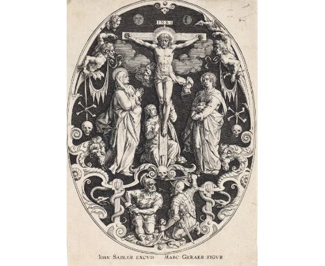 Sadeler, Johannes I.: (1550 Brüssel - Venedig um 1600). Christus am Kreuz. Aus der Passion Christi. Kupferstich im Oval mit G
