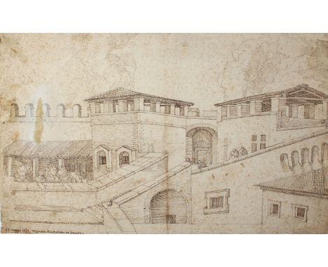 Vignola.: Innenhof einer befestigten Wohnanlage. Braune Tuschfederzeichnung auf Bütten von Giovanni Battista Milanese, 1657. 
