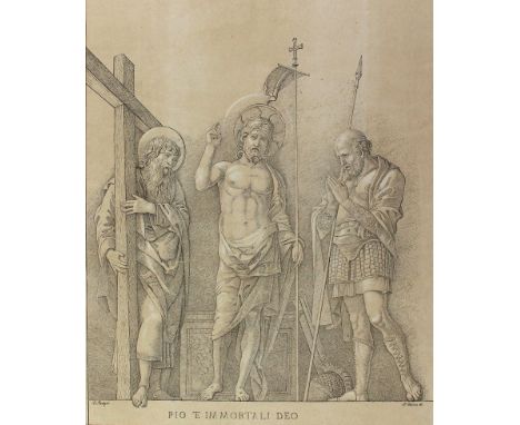 Strixner, Johann Nepomuk: (1782 Altötting - München 1855). Der auferstandene Christus zwischen zwei Heiligen. Federlithograph