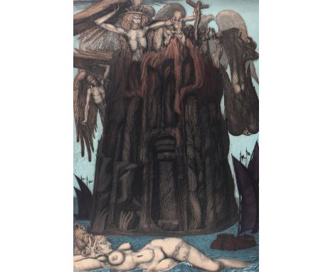 Fuchs, Ernst: (1930 Wien 2015). "Das Gefängnis des Ikarus". Farbradierung, 1975. 48,8 x 34 cm, Blgr. 69,8 x 50 cm. Sign. u. b