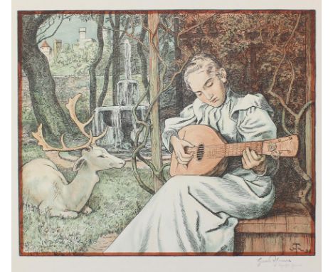 Thoma, Hans: (1839 Bernau - Karlsruhe 1924). Gitarrenspielerin. Farb. Algraphie, 1898. 37,5 x 45,2,  Blgr. 51,7 x 58,2 cm. Un