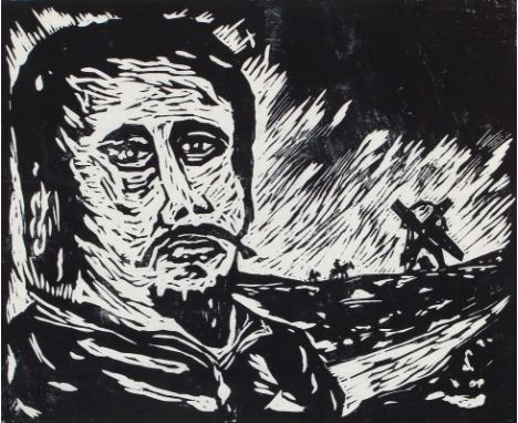 Damisch, Gunter: (1958 Steyr - Wien 2016). Don Quichote. Holzschnitt. Ca. 36 x 44,5 cm. Unten rechts sign. bzw. links betitel