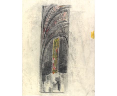 Poelzig, Hans: (1869 Berlin 1936). Gilles und Jeanne, Bogenarchitektur mit Lichtsäule. Schwarze u. farb. Kreide auf transpare