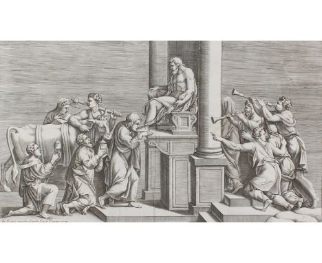 Losi, Carlo: (tätig i. Rom 1757 - 1805). Opferdarbietung vor römischem Gott (wohl Mars). Kupferstich 1773. Plgr. ca. 22,5 x 3