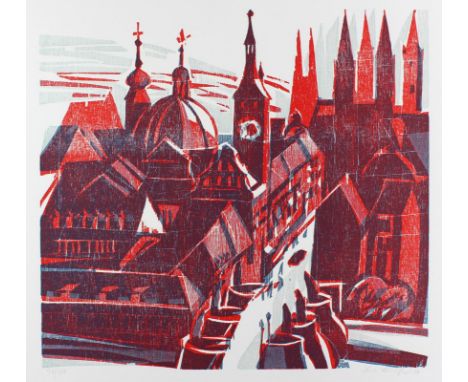 Bauschert, Heiner: (1929 Tübingen 1986). Würzburger Türme. Farbholzschnitt, 1979. 40 x 43 cm, Blgr. 51,5 x 65,5 cm. Sign., da