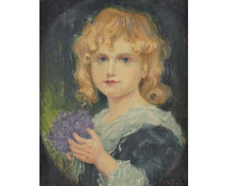 Hirsch, Peter: (München 19./20. Jh.). Blondes Mädchen mit Veilchenstrauss. Öl auf Lwd. 44,5 x 35,5 cm. Re. unten sign. Gerahm