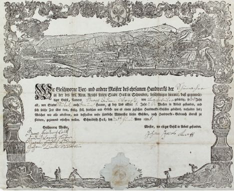 Schwäbisch Hall.: Gesamtansicht auf dem Kopf einer Kundschaft. Lithographie bei W.Schifer in Cannstatt, um 1850. Ca. 12,5 x 2