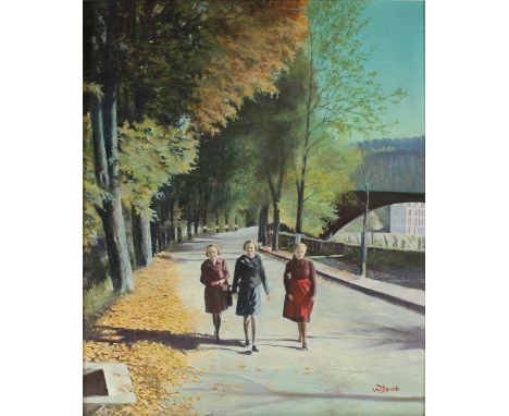 Jacob, Karl Wilhelm: (1887 Berlin - Pforzheim 1978). Herbstliche Allee in Dillweißenstein mit 3 Frauen, rechts angeschnitten 
