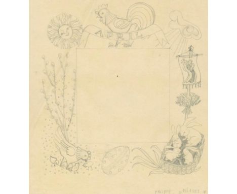 Janetschek-Becker, Helga: (1921 Wien 2010). 8 Bl. mit fig., tls. Märchen- u. Monatsdarstelllungen (2). Bleistiftzeichnungen u