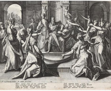 Sadeler, Raphael I: (1560 Antwerpen - München 1632). Salomon wird von seinen Frauen zum Götzendienst gezwungen. Bl. 2 aus der