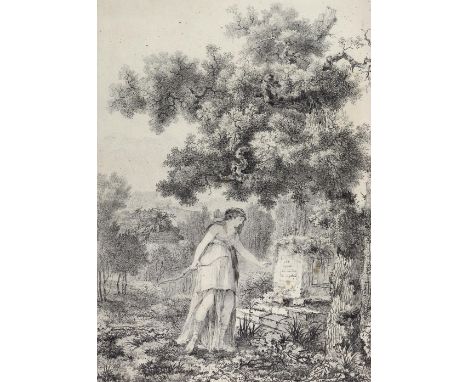Diana: oder Artemis mit Bogen u. Köcher an einem Grab stehend "Ici repose les cadavre (?) de Myrtela". Anonyme Kohlezeichnung