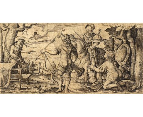 Solis, Virgil: (1514 Nürnberg 1562). Die drei Söhne des Königs schießen auf ihren Vater. Kupferstich. Ca. 4,8 x 10 cm, auf Da
