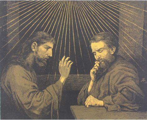 Thoma, Hans: (1839 Bernau - Karlsruhe 1924). Christus und Nikodemus. Farb. Algraphie, 1903. 38,5 x 48,3 cm, Blgr. 50 x 70 cm.