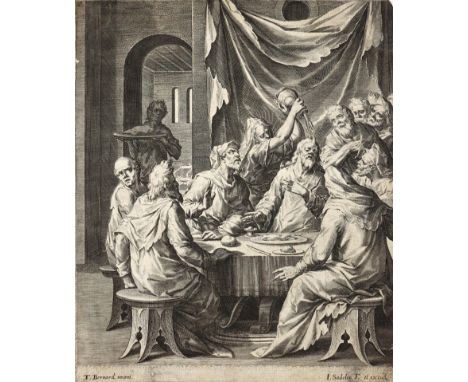 Sadeler, Johannes I.: (1550 Brüssel - Venedig um 1600). Die Sünderin übergießt Jesus. Kupferstich nach T.Bernard. Ca. 14,5 x 