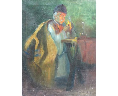 Pfeifenraucher.: An einem Tisch sitzender Mann, der sich eine Pfeife anzündet. Öl auf Lwd., um 1900. 50 x 40 cm. Unten re. un