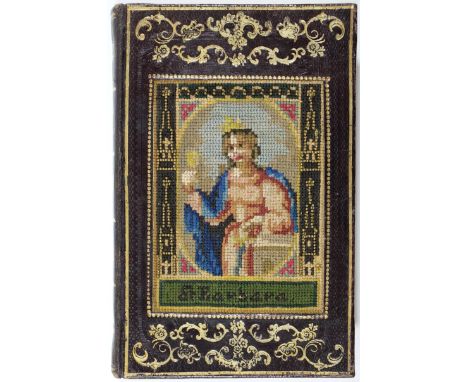 Ledereinband: um 1860 mit reicher Goldpräg., Rverg. u. Goldschn. 15,5 x 9,5 cm.  Beide Deckel mit aufgez. farb. gestickten Po