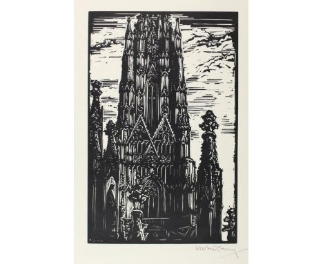 Lang, Erwin: (1886 Wien 1962). Stefansturm. Holzschnitt auf Ingres. 28 x 18, Blgr. 40 x 29,5 cm. Sign. - Äußere Ränder schwac