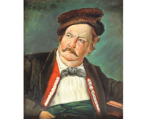Hilgert, C.: (19./20. Jh.). Portrait eines sitzenden Mannes mit schnurrbart u Ohrringen, Schleife u. Kopfbedeckung. Öl auf Lw