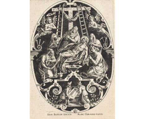Sadeler, Johannes I.: (1550 Brüssel - Venedig um 1600). Beweinung Christi. Aus der Passion Christi. Kupferstich im Oval mit G