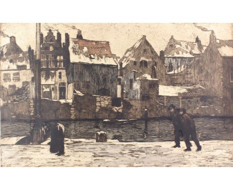 Loo, Marten van der: (1880 Mortsel - Antwerpen 1920). Fußgänger an einer Gracht im Winter. Farbradierung f. Ges. f. vervielf.