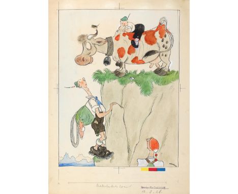Mauder, Josef: (1884 München - Pullach 1969). Ein Bergsteiger schaut verdutzt in die Augen einer Kuh auf dem Gipfelplateau. A