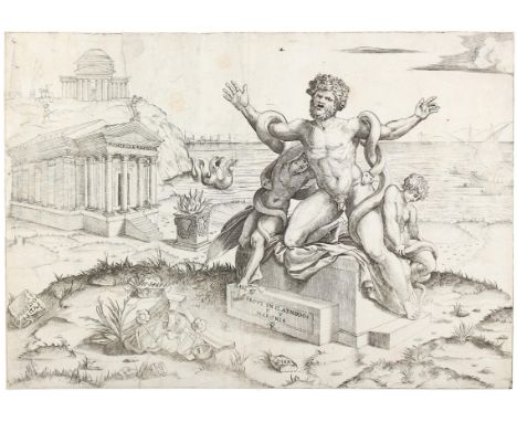 Dente, Marco (gen. M.da Ravenna,: um 1495 Ravenna - Rom 1527). Der Tod des Laokoon. Kupferstich. Blgr. 27,6 x 39,2 cm. Mit d.