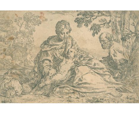 Cantarini, Simeone: (1612 Pesaro - Verona 1648). Ruhe auf der Flucht nach Ägypten. Radierung. Ca. 17,6 x 26,3 cm. Innerh. d. 
