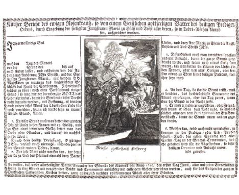Ablassbrief.: "Kurtzer Bericht des ewigen Rosenkrantz...". Einblattdruck um 1750. Qu.Kl.Fol. Mit 1 Kupferstich ("Reichs gotts