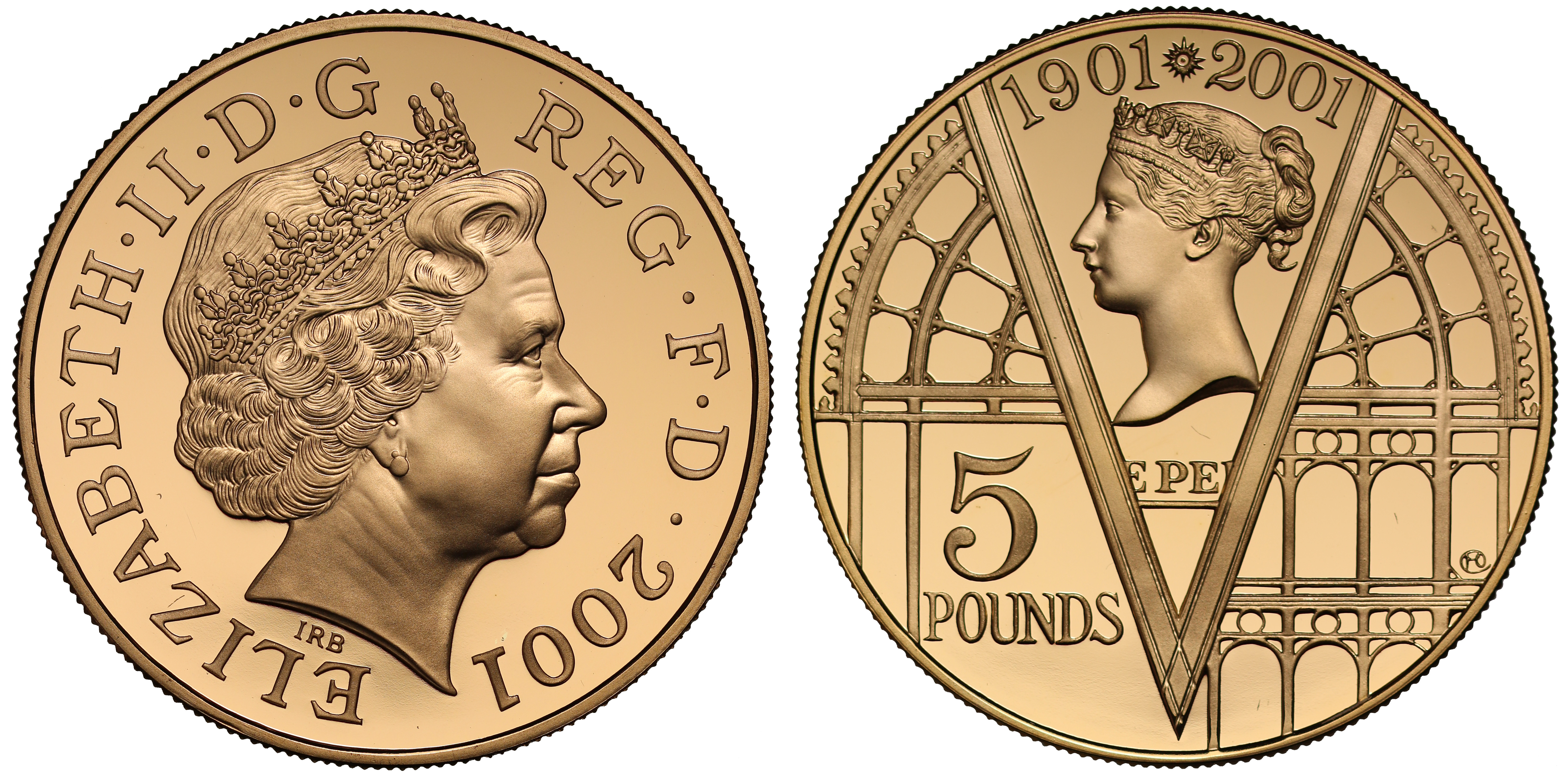 g Elizabeth II (1952 -), gold proof Five Pounds, 2001, struck in 22 ...