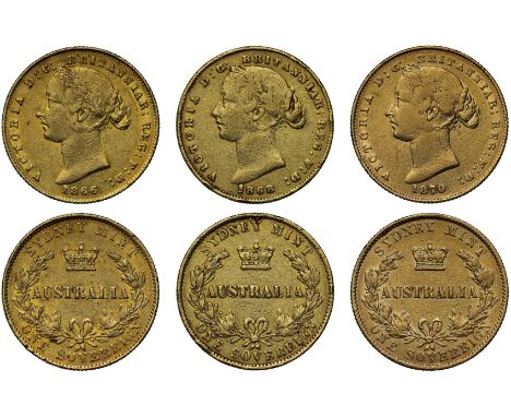 g Australia, Victoria (1837-1901), gold Sovereigns (3), Sydney Mint, 1866, 1868, 1870, second type, second filleted head with