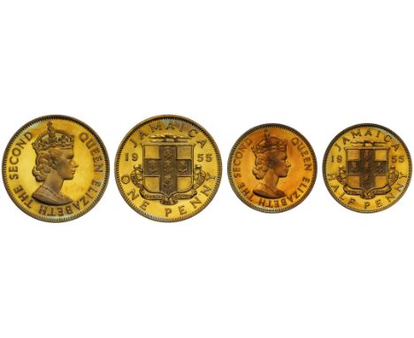 † Jamaica, Elizabeth II (1952 – present), proof nickel-brass Halfpenny and Penny, 1955, rev. arms without supporters variety 