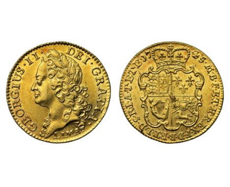 Struck from “Lima” Gold Treasure, the 1745 Gold GuineaGeorge II (1727-60), gold Guinea, 1745, LIMA. below intermediate laurea