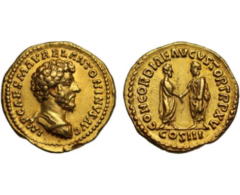 Roman Empire, Marcus Aurelius (A.D. 161-180), gold Aureus, mint of Rome, AD 161, IMP CAES M AVREL ANTONINVS AVG, draped and c